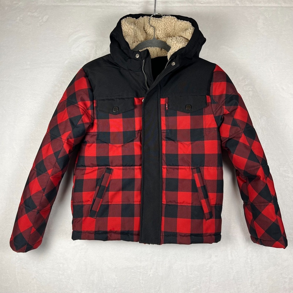 LEVIS Buffalo Check Boys Hooded Coat Jacket Size M (10-12) Black Red‎ Zipper